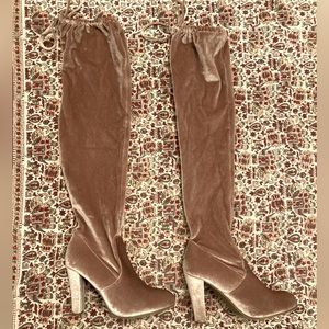 Pink Velvet Over the Knee Boots with Drawstring